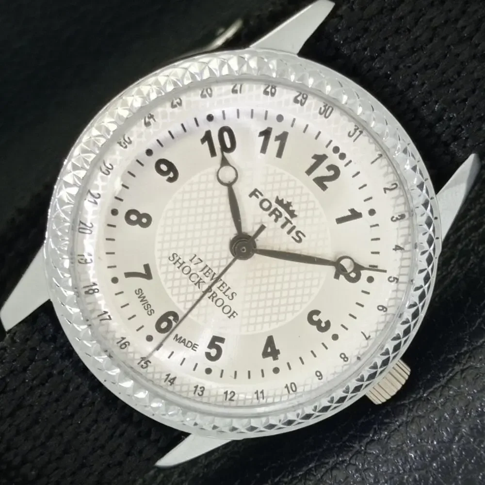 Vintage 1987 Fortis Manual Mens Silver Watch W/Nato Strap & Black accents